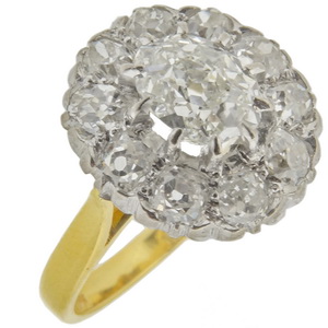 An Old Cushion Cut Diamond Cluster Ring - Click Image to Close